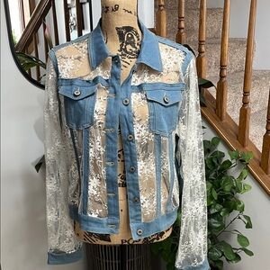 Gracia Blue Denim Jacket with White Lace. NWT